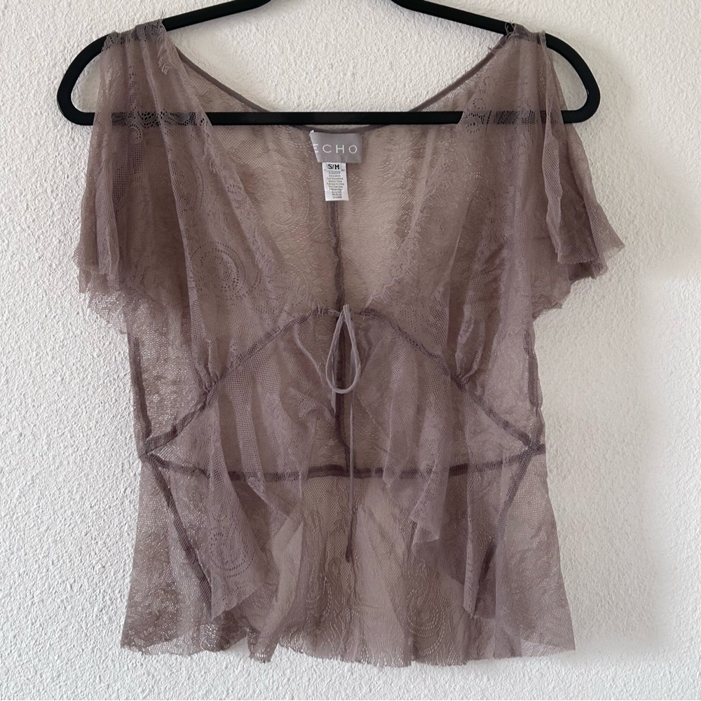 ECHO Women’s Peplum Cardigan S/M Taupe Floral Lace Eyelash Front Tie Dainty Boho